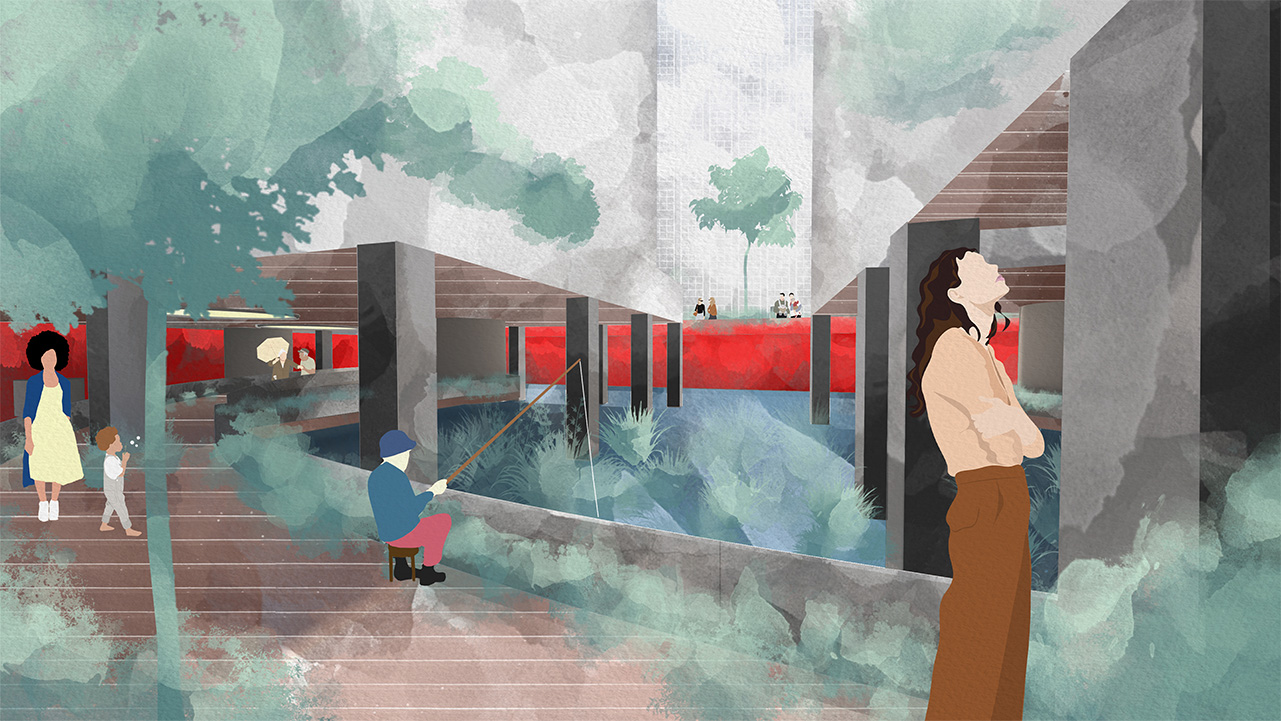 Mon Kok 2100 Render of buildings above a lake and people walking near by